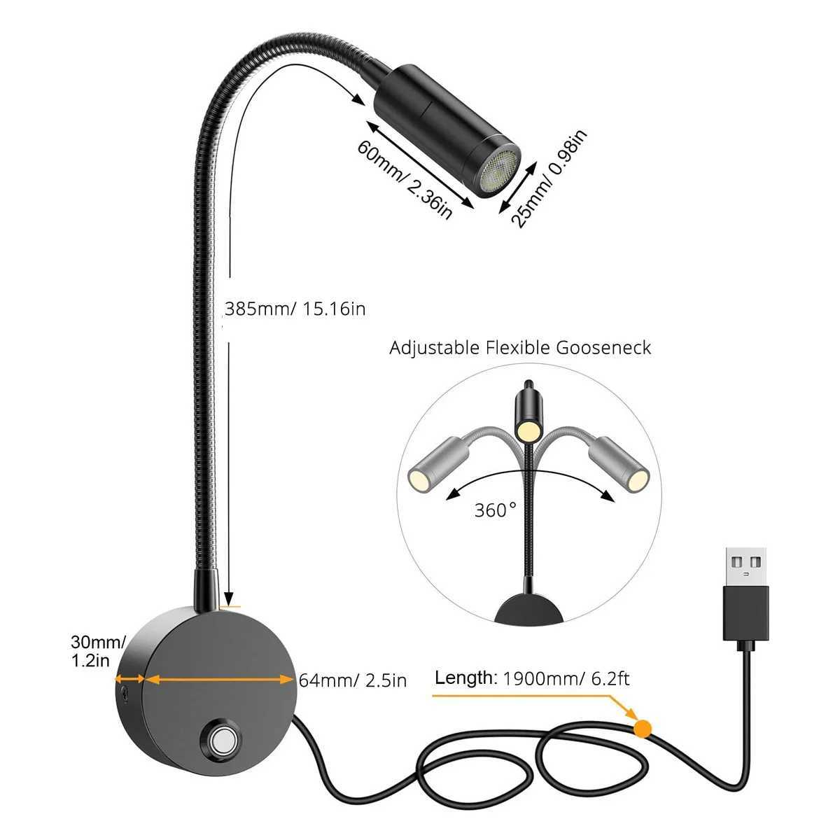 2pcs 5V USB Bedside Wall Reading Lamp Sconces 3CCT Touch Dimming Longer 15 Gooseneck Read Working Study 3W LED Book LightsXJ250526