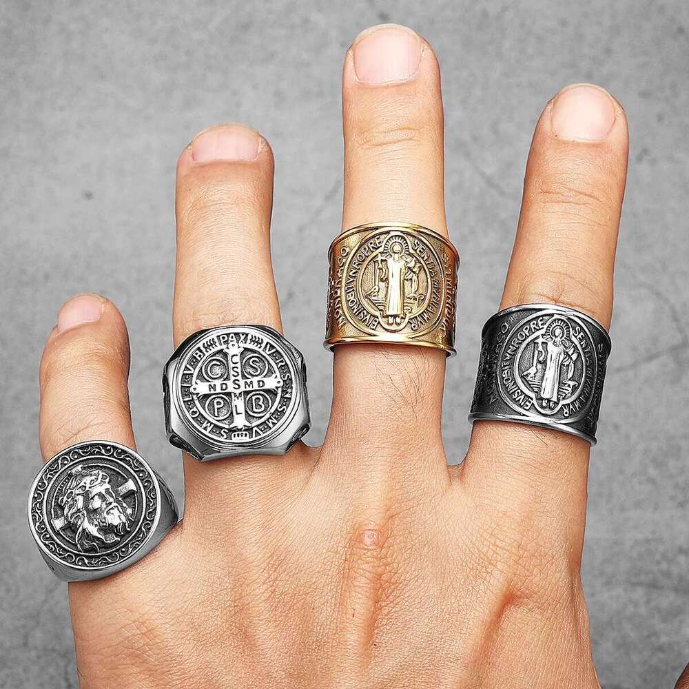 Catholic Saint Benedict Exorcism Amulet Men Rings Stainless Steel Women Jewelry Vintage Punk Fashion Accessories Gift Wholesale