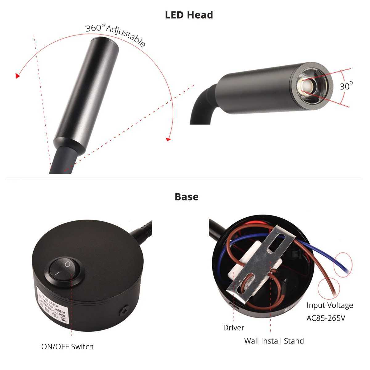 3W Wall Lamp Sconces Bedside Working Study Reading Book wall Night light fixtures Gooseneck Adjustable Spot LED White Black SilverXJ250526