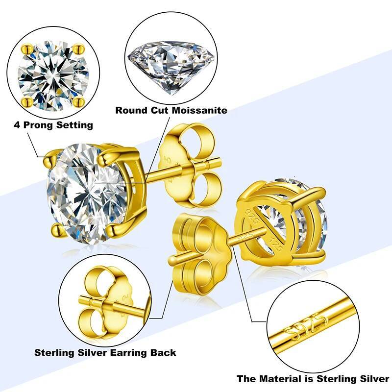 0.1-2 Carat D VVS Solitaire Moissanite Stud Earrings For Women Men Solid Sterling Sier Sparkling Wedding Birthday Jewelry