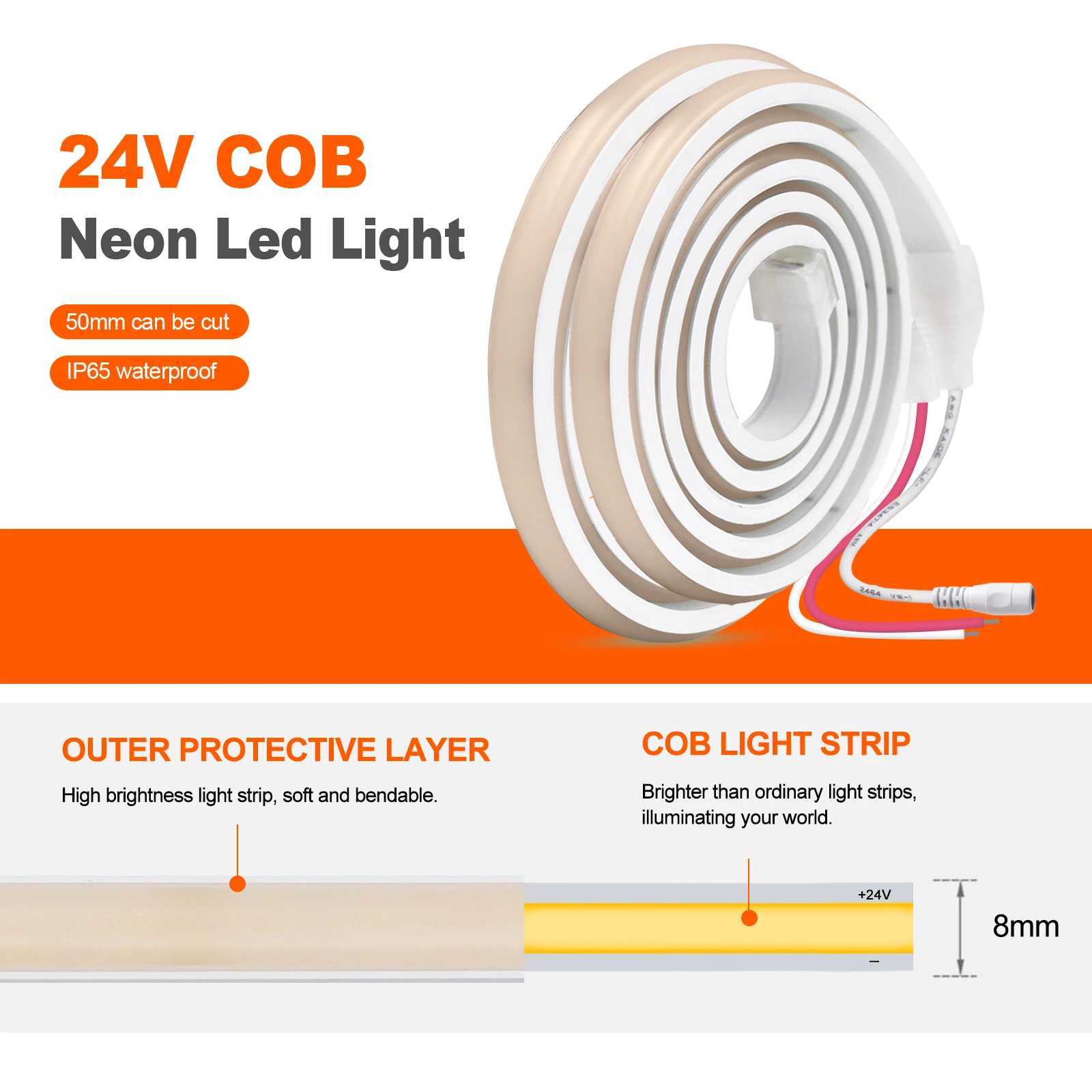 Waterproof COB LED Strip Neon Light DC 12V 24V 320LED/m Flexible Silicone Rope Lights High Density Linear Home Lighting 1-20M W250526