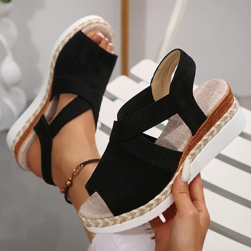 Comfortable Elastic Band Wedges Sandals Women 2025 Plus Size 36-43 Platform Rome Sandles Woman Lightweight Summer Beach Shoes 250519