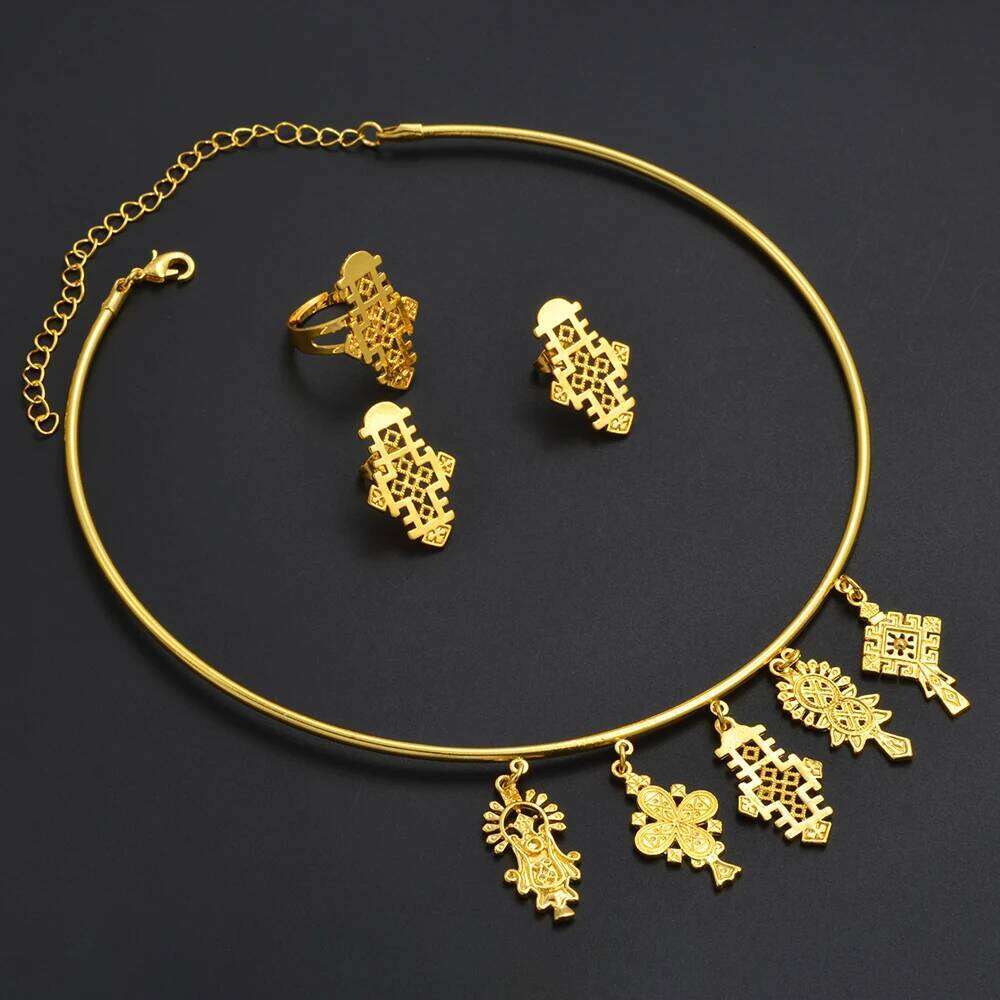 Ethiopian Eritrea Ethnic Jewelry Sets With Cross Chokers Earrings Rings For Women Girls Africa Wedding Party Gifts #340006