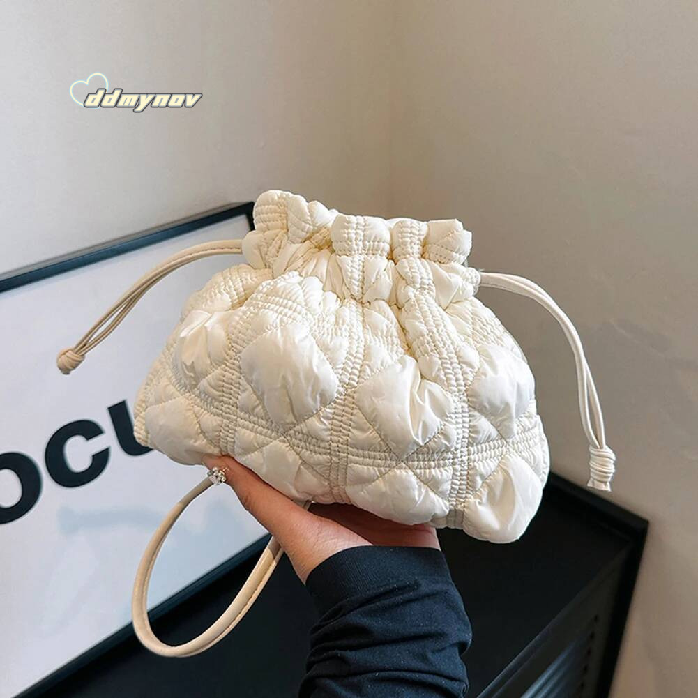 Women Drawstring Shoulder Bags Detachable Strap Quilted Crossbody Bag Solid Color Soft Padding Handbag for Outdoor Travel ddmynov