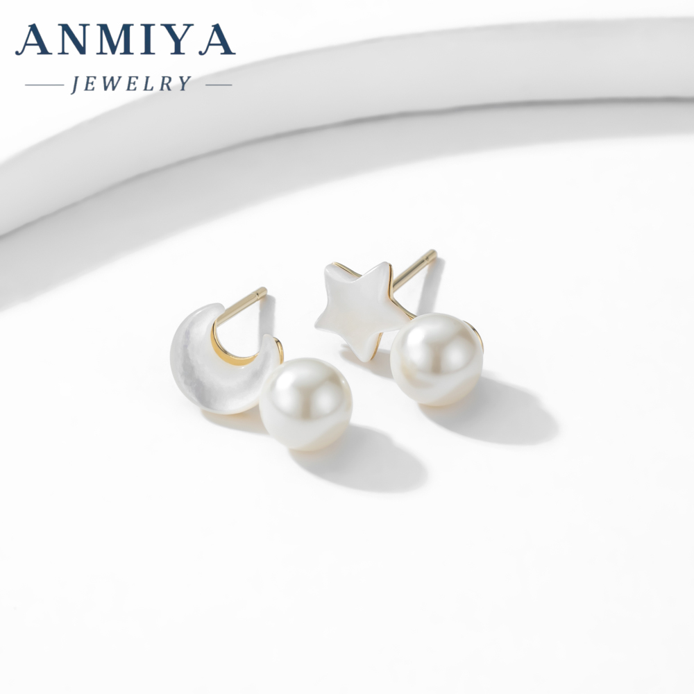 Trendy Baroque 18K Gold Plated Star Moon Freshwater Pearls Stud Earrings for Women 925 Sterling Silver Main Stone