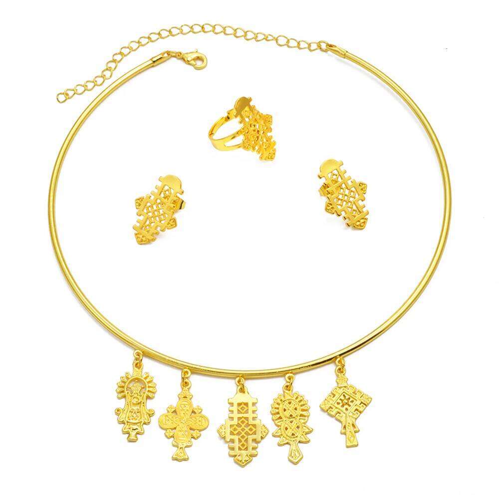 Ethiopian Eritrea Ethnic Jewelry Sets With Cross Chokers Earrings Rings For Women Girls Africa Wedding Party Gifts #340006