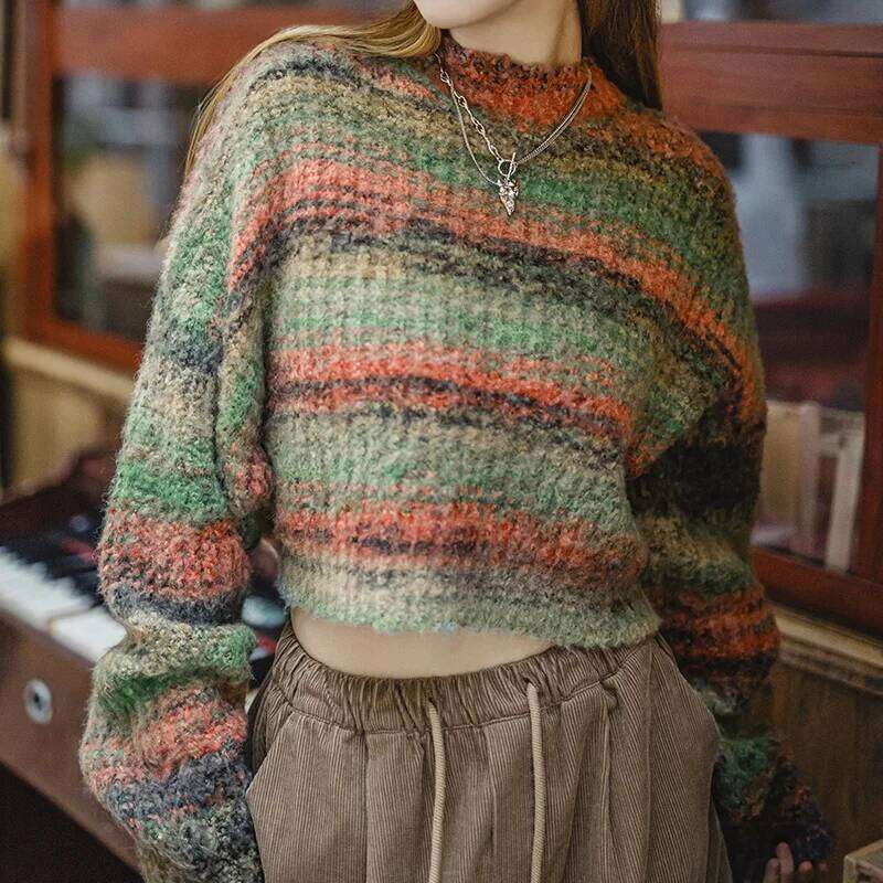 Maden Gradient Wool-Blend Knitted Sweater Vintage Crew-Neck Short Pullover Women's Versatile Top For Fall And Winter Knitwear