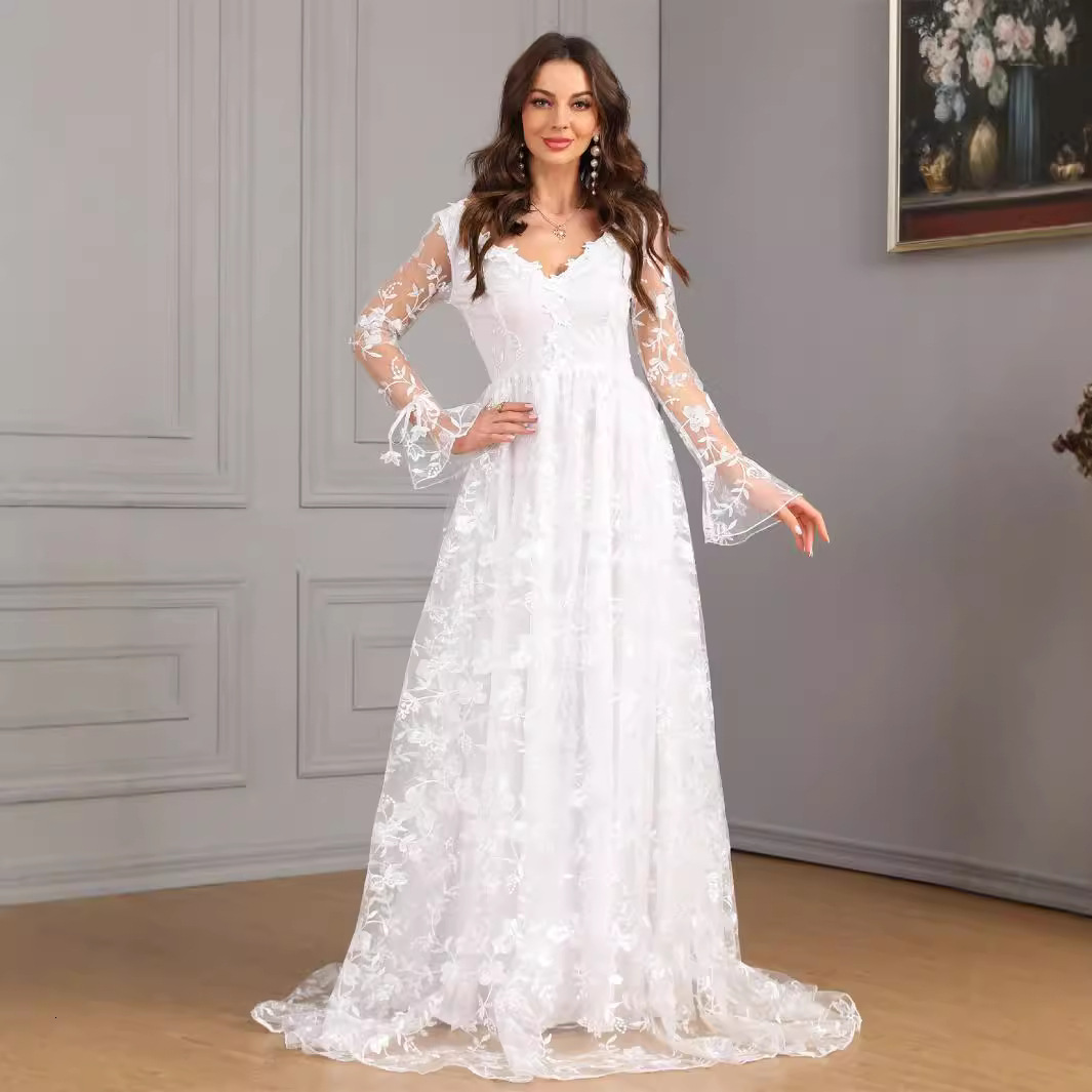 New womens clothing for autumn and winter long sleeves V-neck big hem trailing lace dress wedding dress
