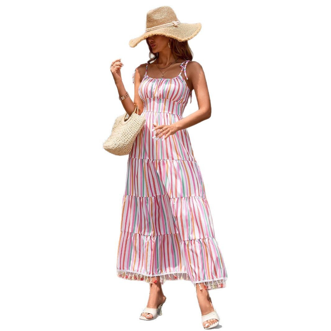 2025 Rainbow Striped Off Shoulder Dress New Womens Strap Dress for Women