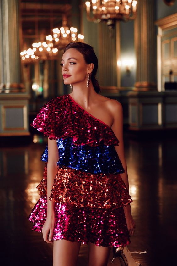 New Womens Short Sequins Off the Shoulder Sleeveless Splice Spicy Three Color Overlay Cake Dress