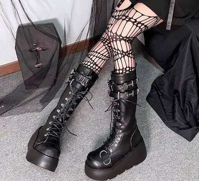 Motorcycle Platform for Women Wedges Knee High Black Lace Up Fashion Goth Gothic Boots Punk Shoes Girls Winter