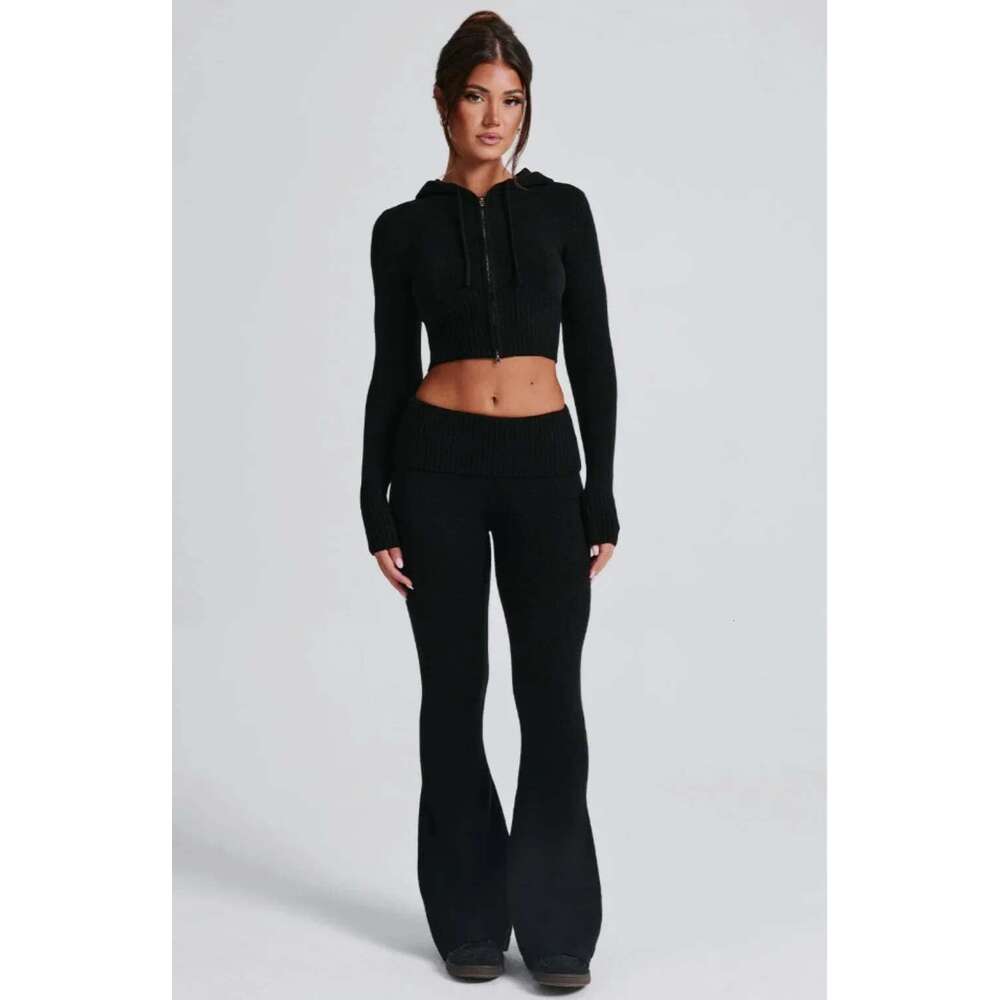 Sping Summer Casual Women Two Piece Outfits Knitted Long Sleeve Hoodie And Flare Pants Workout Jogger Set Tracksuit
