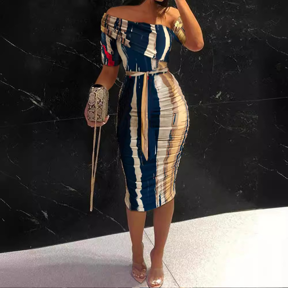 New slim fit printed hip hugging dress with slanted collar short sleeves and waistband mid length skirt