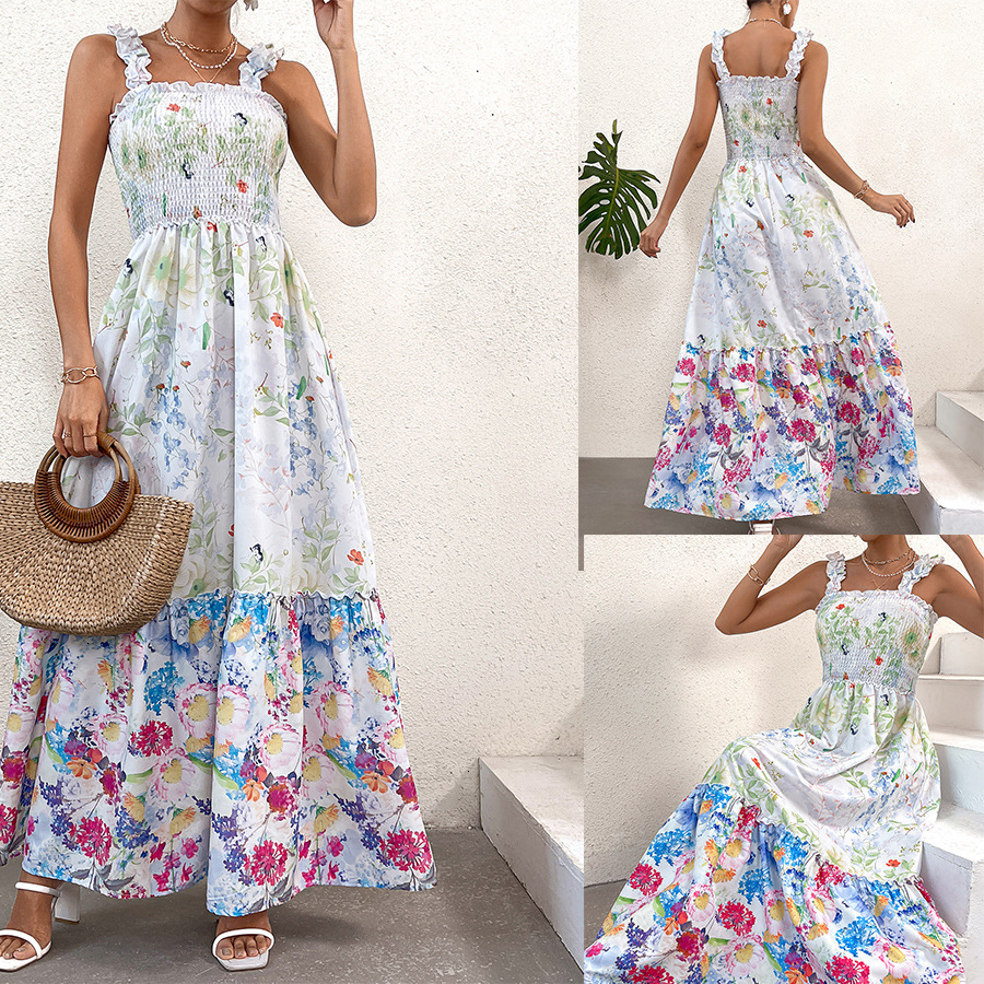 Specialized niche design style floral dress summer new item backless long dress