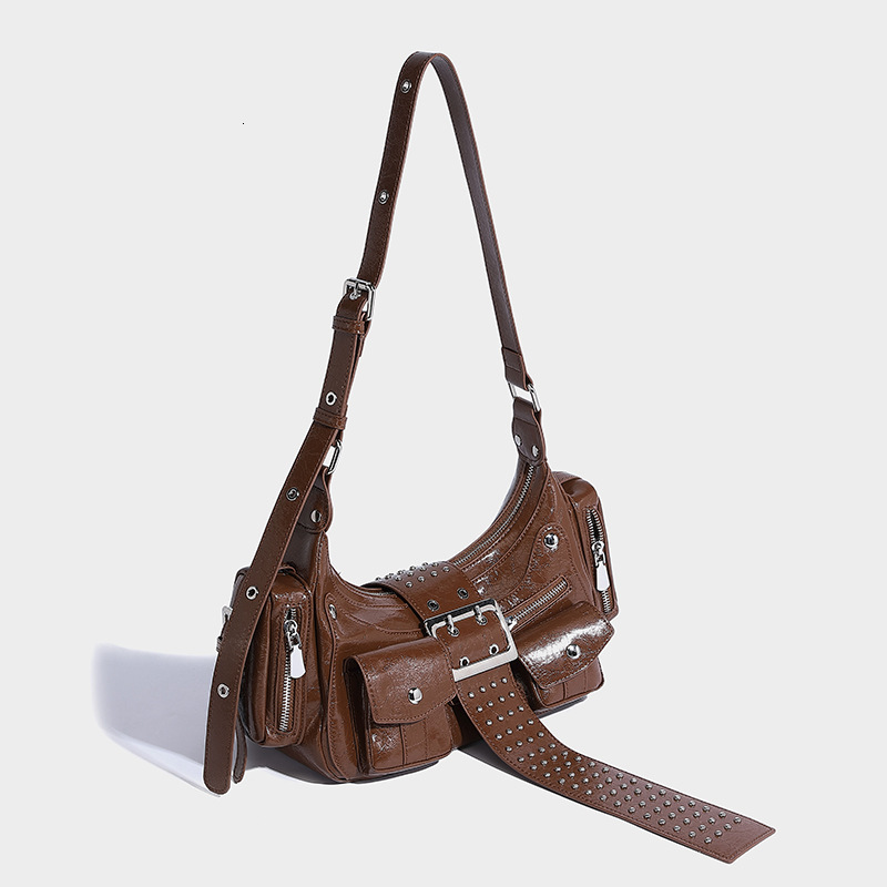 Niche Punk Style Versatile Studded Belt Buckle Handbag 2024 Trendy Shoulder Underarm Motorcycle Bag