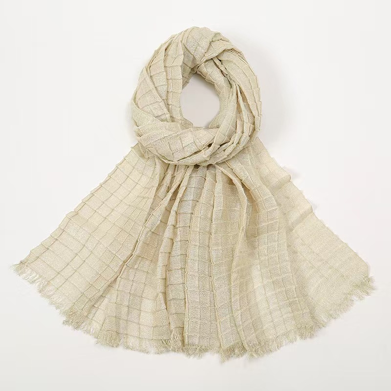 T806 solid color square wrinkled polyester long scarf Malay Indonesia hot selling gold and silver plaid scarf female