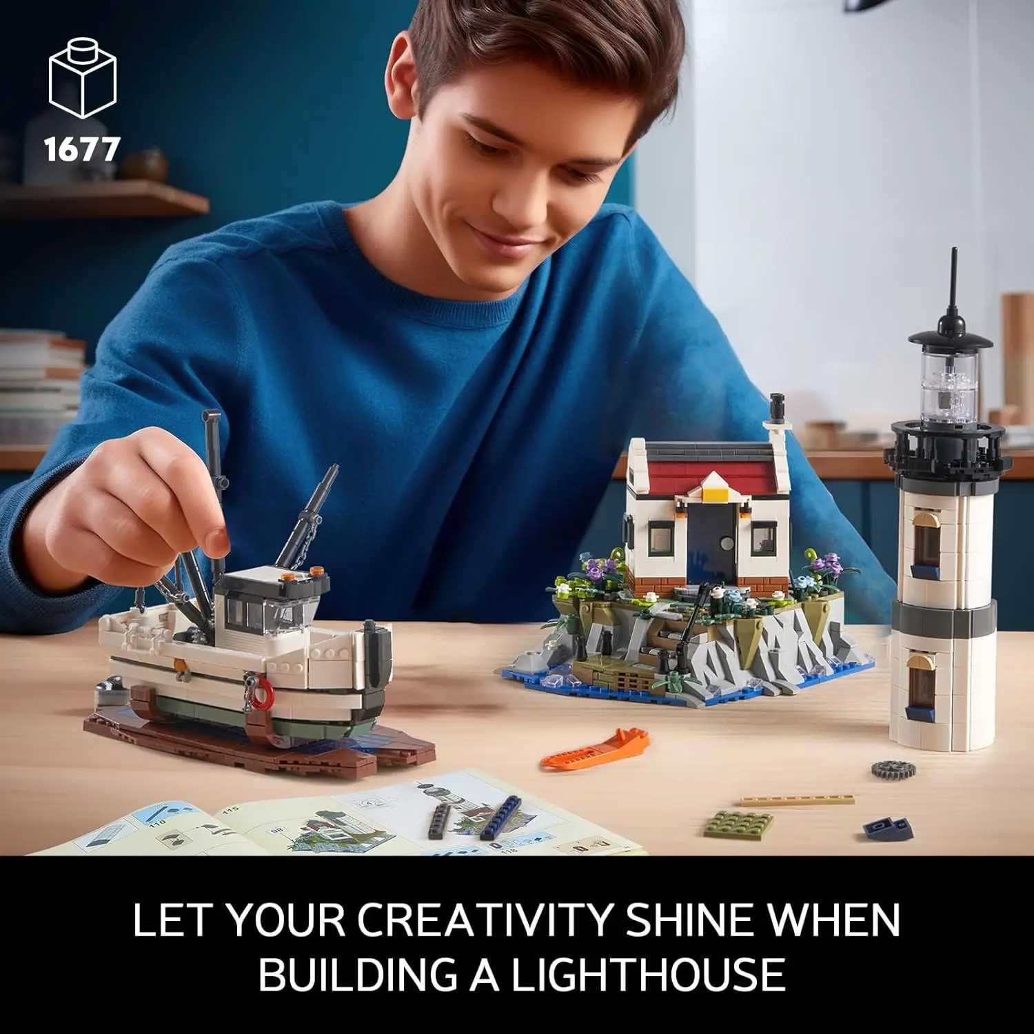 1677PCS Electric Lighthouse Building Blocks Fisherman Rescue Boats Lighthouse Model Bricks With Light Kids Toys Christmas Gifts M250526