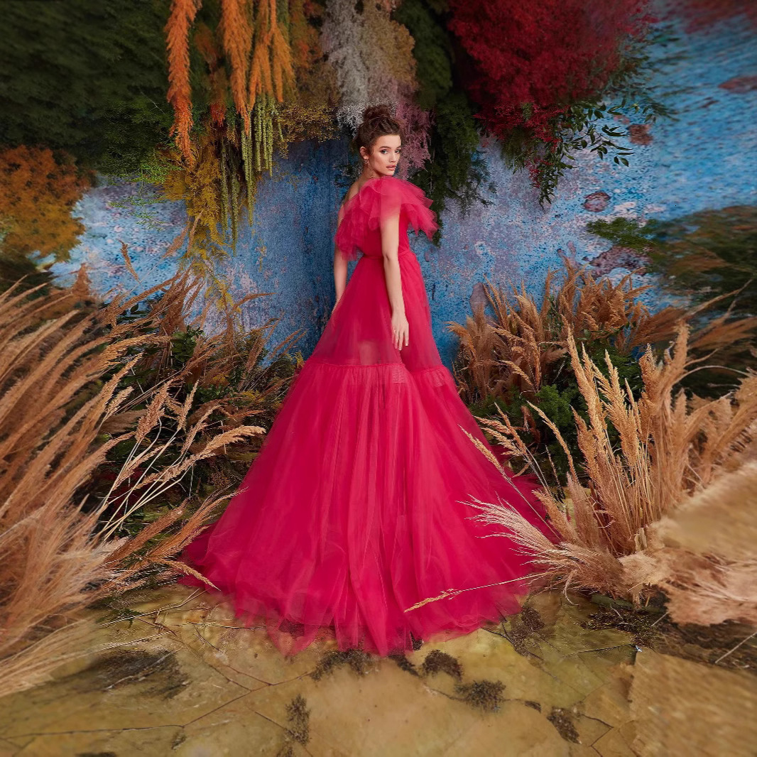 New Solid Color Single Shoulder Spring/Summer Mesh Tailored Banquet Slimming Hip hugging Evening Dress Set Two Piece