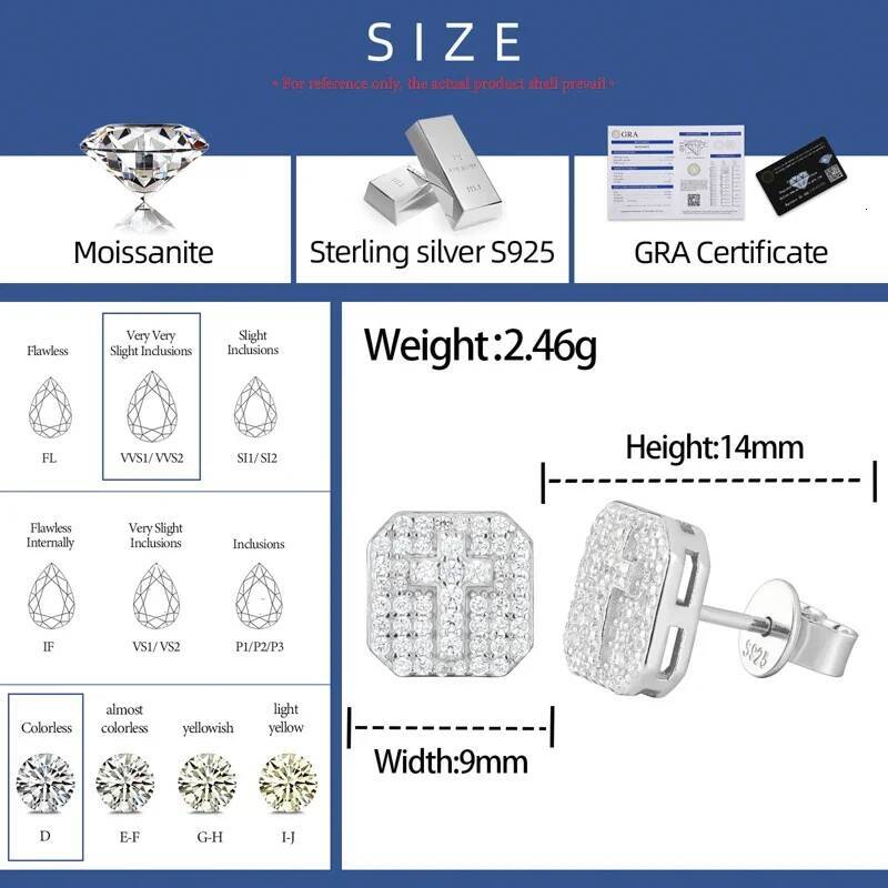 Square Cross D Color Certified Moissanite Stud Earrings Lab Created Dia Sterling Sier Gold Plated Wedding Jewelry 2025