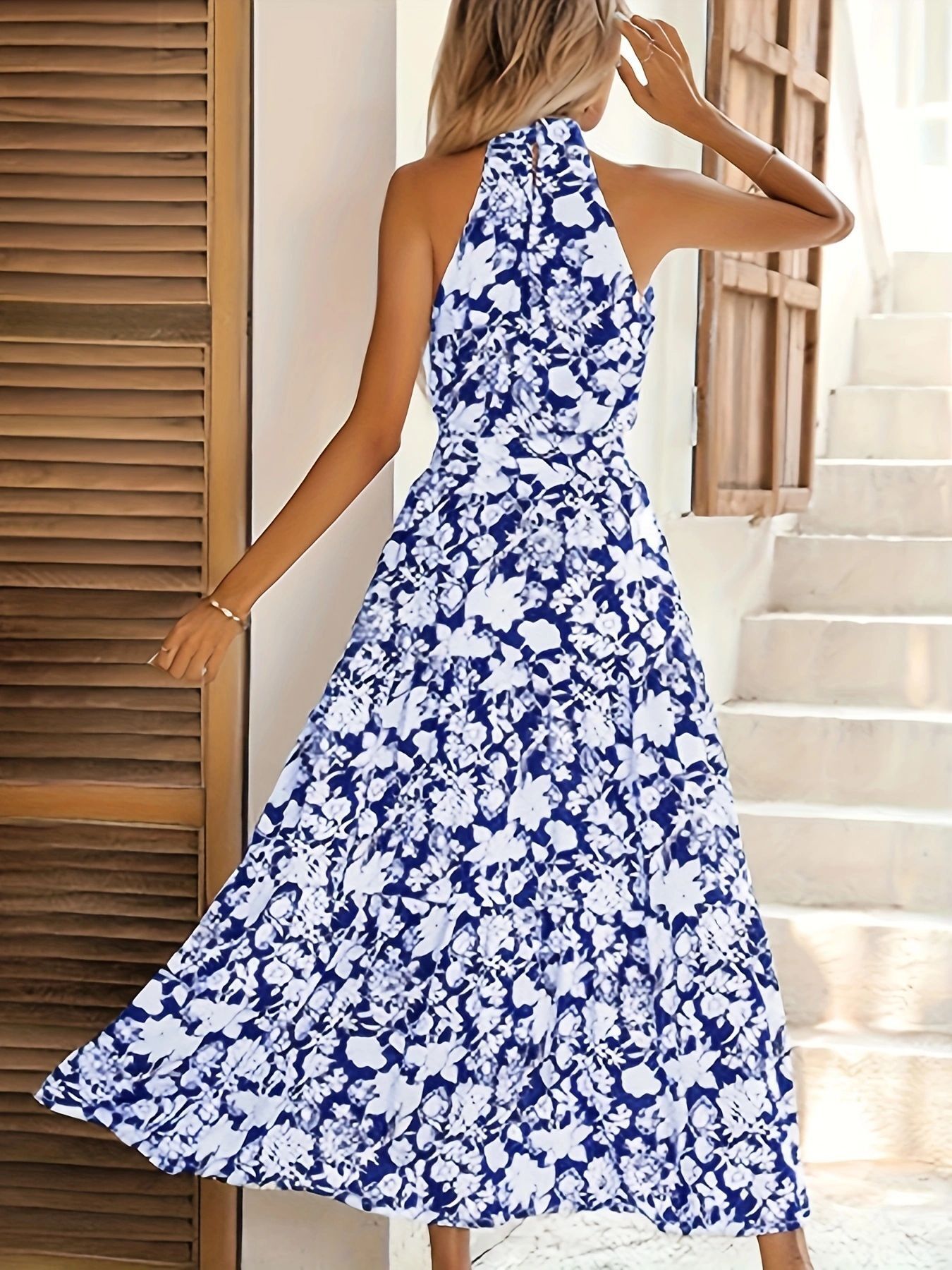2025 Blue Dress Hanging Neck Wave Dot Printed Lace Dress Casual Long Dress for Women