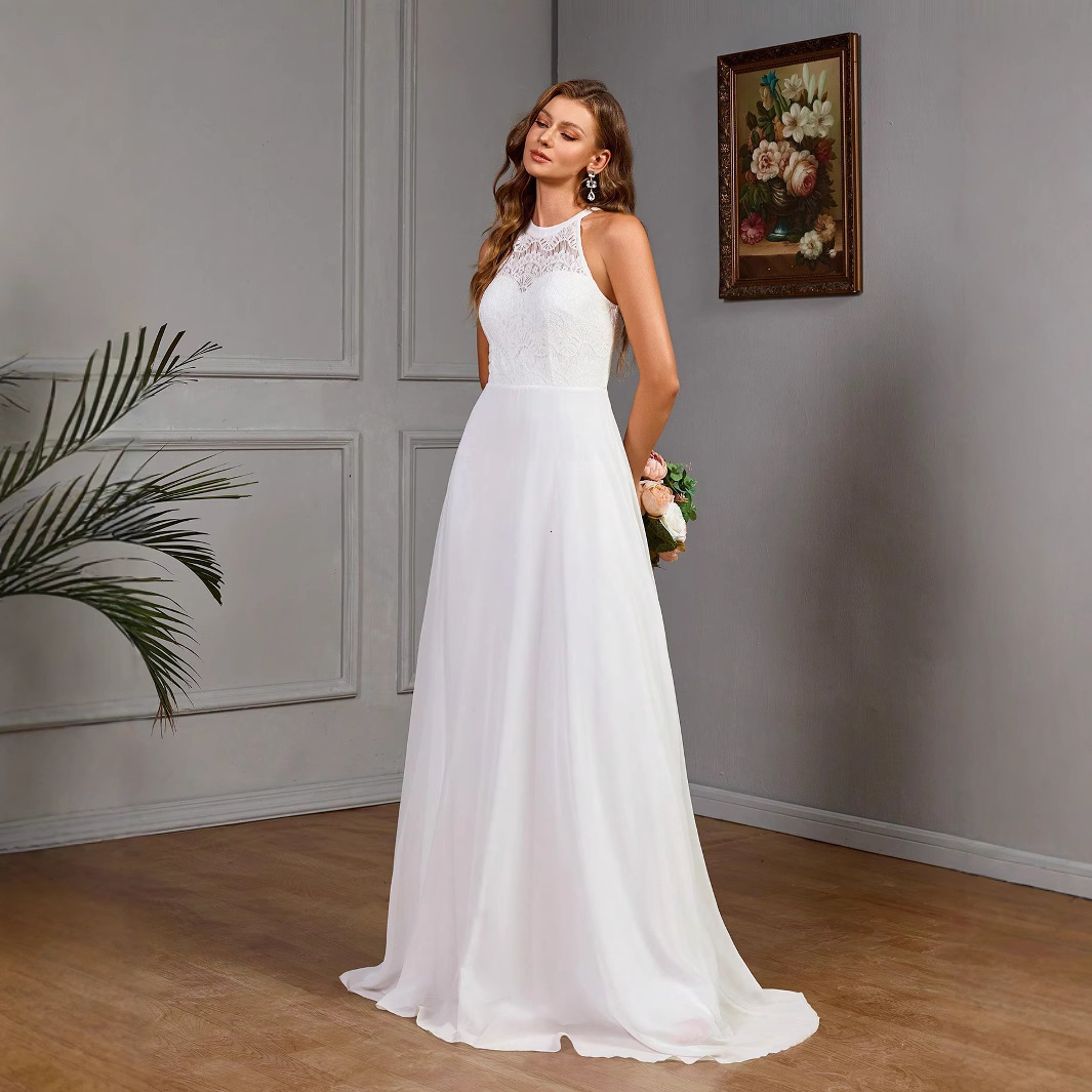 Fashionable neck hanging embroidered slit dress with slim fit and ground falling fish tail temperament evening gown