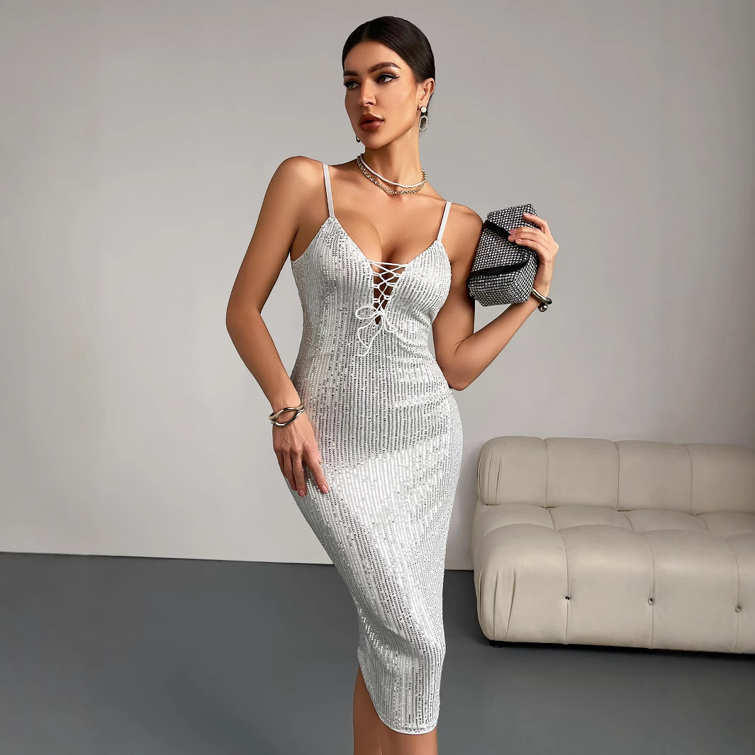 Solid color sequin sexy hip hugging nightclub womens cocktail party dress