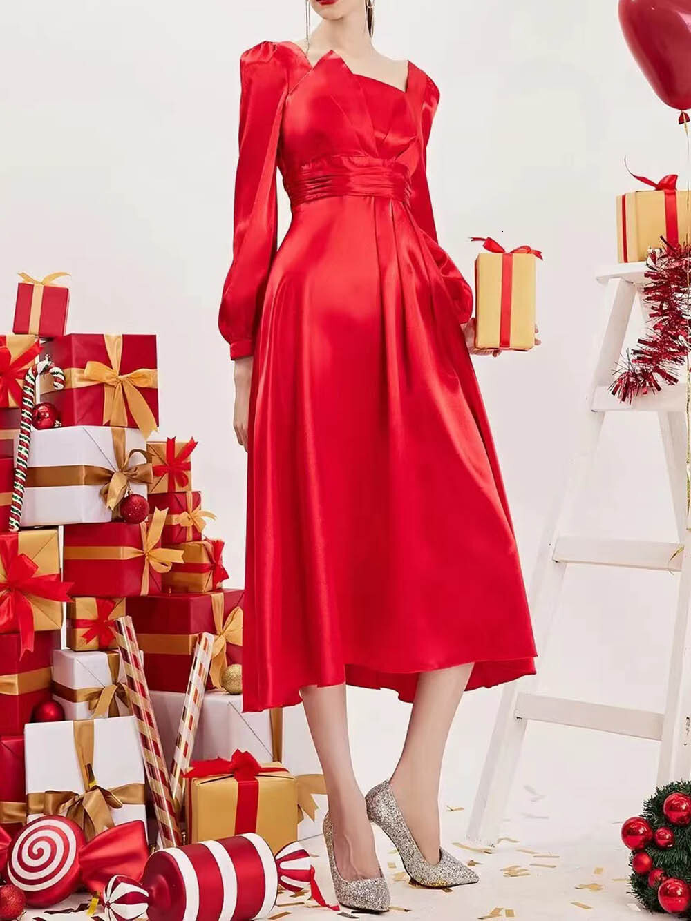 New Summer Long Sleeve Round Neck Satin High Waist Red Dress