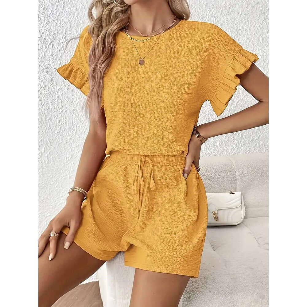 DHEssentials Wrinkled Casual Set 2-piece Short Sleeve Folded Women's Pajama