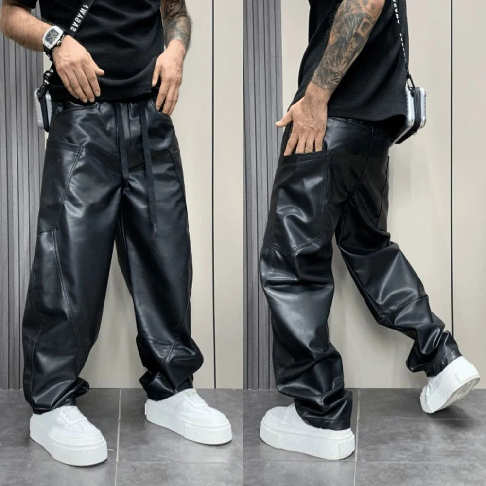 Mens Pu Leather Pants MultiPocket Streetwear American HipHop AllMatch Solid Color Simple Casual Clothing 250526