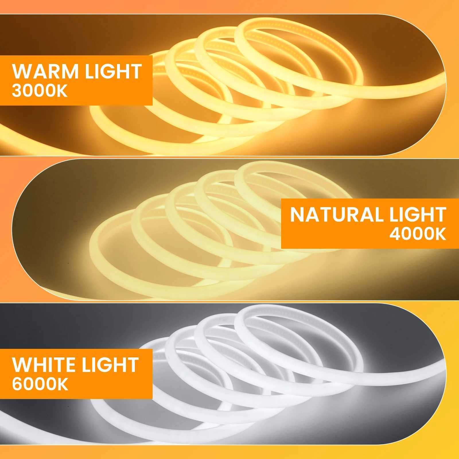 220V COB LED Neon Strip Light 270 Uniform Glow Waterproof 288LEDs/m Flexible Tape with Switch EU Plug for Home Garden Lighting W250526