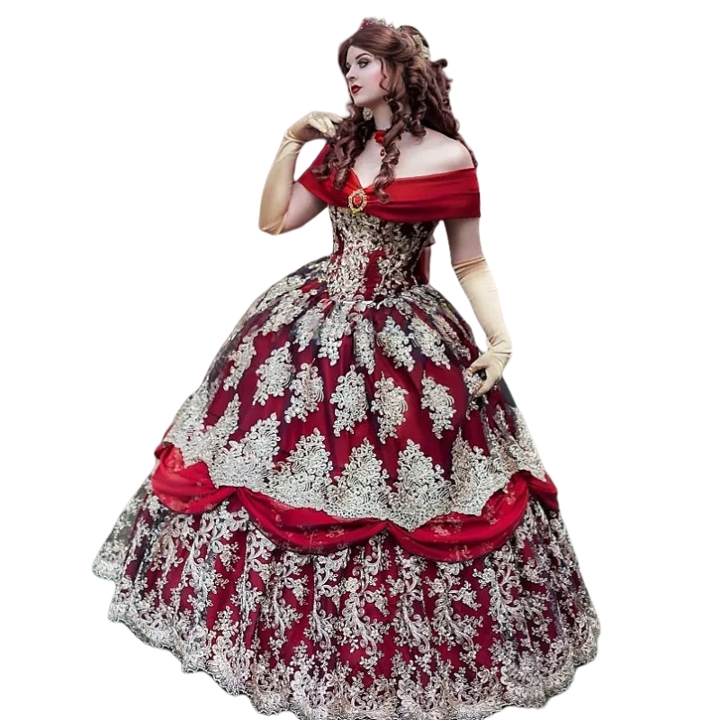 Dark Red And Gold Princess Prom Dresses Off Shoulder Lace Ball Gown Gothic Evening Dress Lace-up Back Corset Special Occasion Wear
