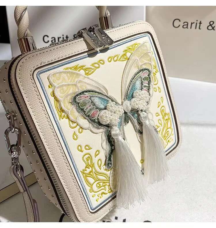 Fashion Pearl Beaded Tassel Women Handbag High Quality Textured Leather Embroidery Square Lady Purse Shoulder Messenger Bag