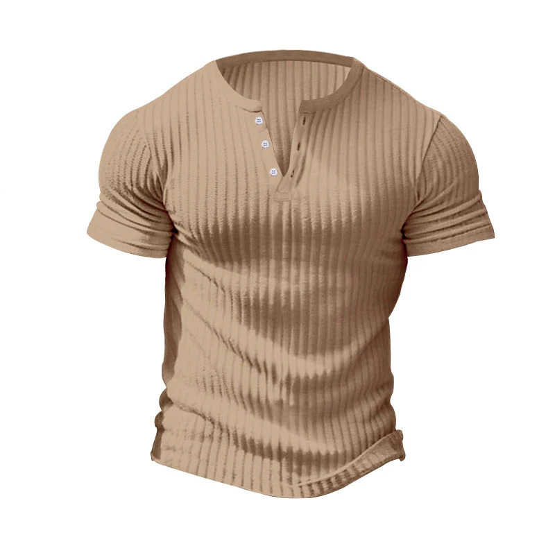 Mens Stylish Stripe Knit Tshirt Fashionable Henley Neck Short Sleeves Soft Breathable Perfect Comfy Tops for Leisurewear 250526