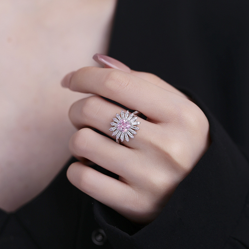 S925 Sterling Silver Princess Cut Pink Ring for Women with Sunburst Cluster Design, Korean Elegant Jewelry for Engagement or Cocktail Party