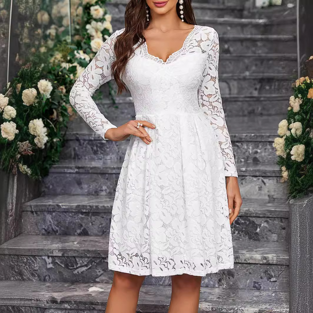 QQH dress V-neck long sleeved back to school lace short skirt party