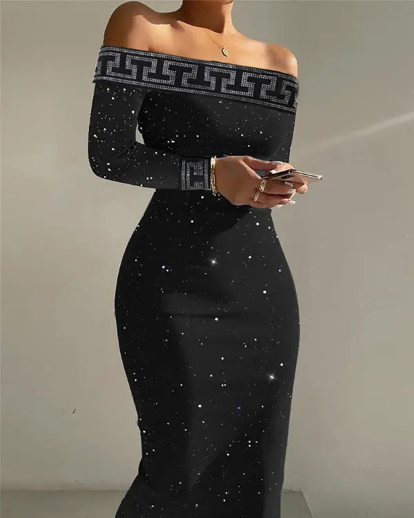 Womens new autumn and winter long sleeved slim fit sequined dress with sexy temperament one shoulder mid skirt