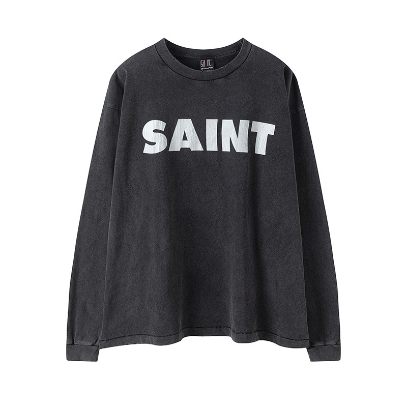 Chic Washed-Damaged Design Long Sleeves Vintage-Inspired T-Shirt Featuring Unique Street Art Prints