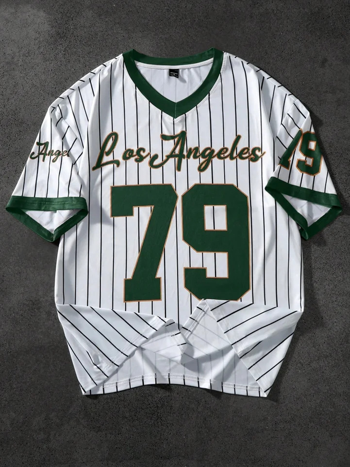 Mens streetwear college I mens sports printed Tshirt black Vneck short sleeved retro baseball style fashionable 250526