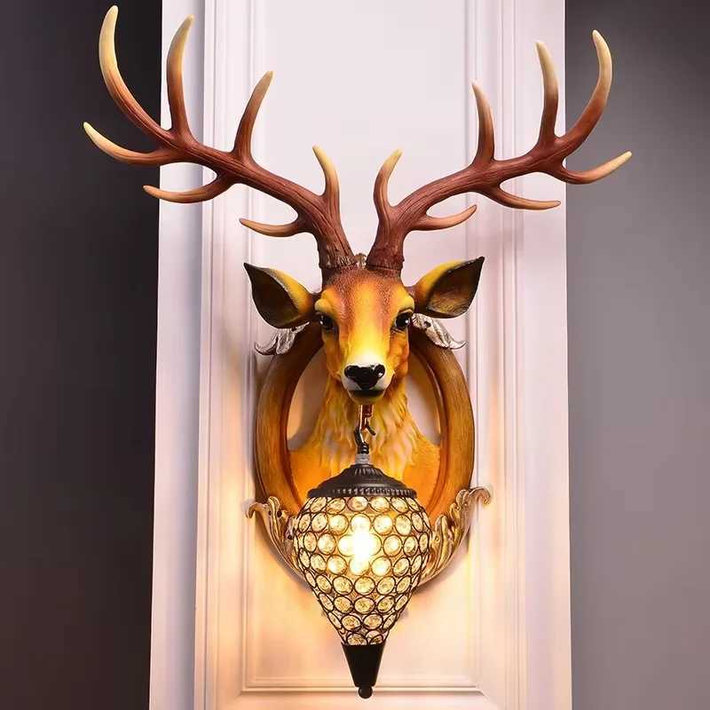 Creative Design Deer Head Wall Lamp Europe vintage rustic led wall light Luxury Living Room Bedroom Hallway wall decorationXJ250526