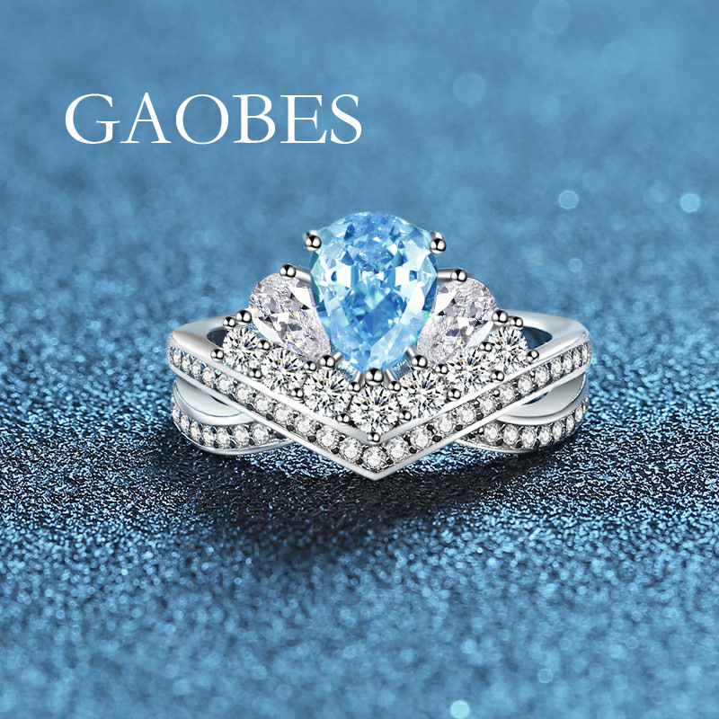 925 Sterling Silver Waterdrop Shape Ring with Sea Blue and Pink 5A Zirconia, Elegant and Fashionable Low-Key Jewelry for Women