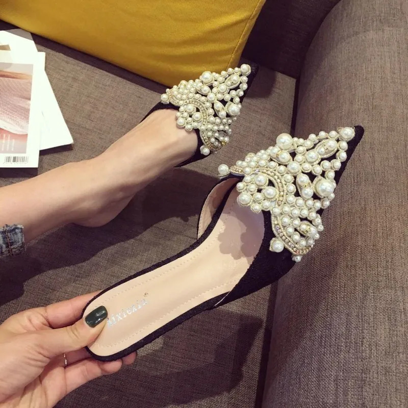 Large Pearl Women Shoe Autumn Lace Rhinestone Mid Heel Half Slipper Sandals Fashion Muller Shoes Casual Versatile Single Shoes 250526BJ - view 1