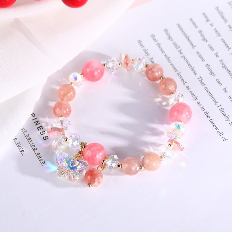 Transparent glass ball strawberry women's round bead jewelry, pink crystal bracelet, give girlfriend's birthday gift