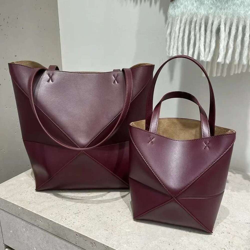 High-Quality Top Layer Cow Leather Puzzle Foldable Tote Large Capacity Handheld Bucket Bag Neutral Minimalist Style