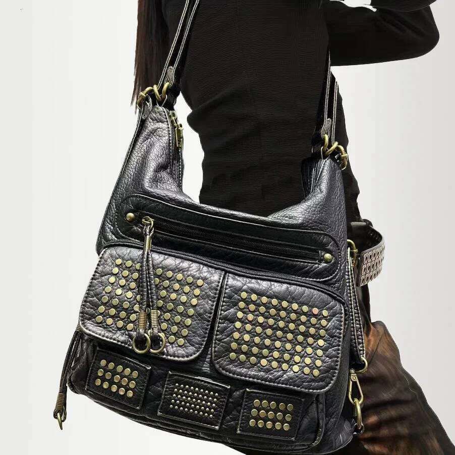 Women's Bags Designer Ladies' Fashion Y2k Rivet Hot Girl Washed Motorcycle Large Capacity Vintage Single Shoulder Tote Bag