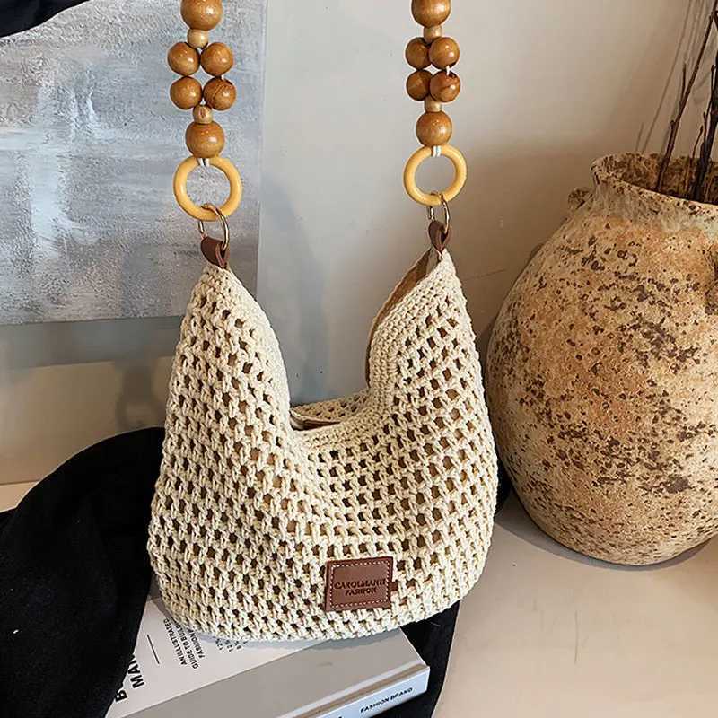 2025 Summer Beach Bag Mesh Women Woven Lace Bow Shoulder Purse Large Capacity Clutch Purse Solid Color Shopping Vacation Travel W250524