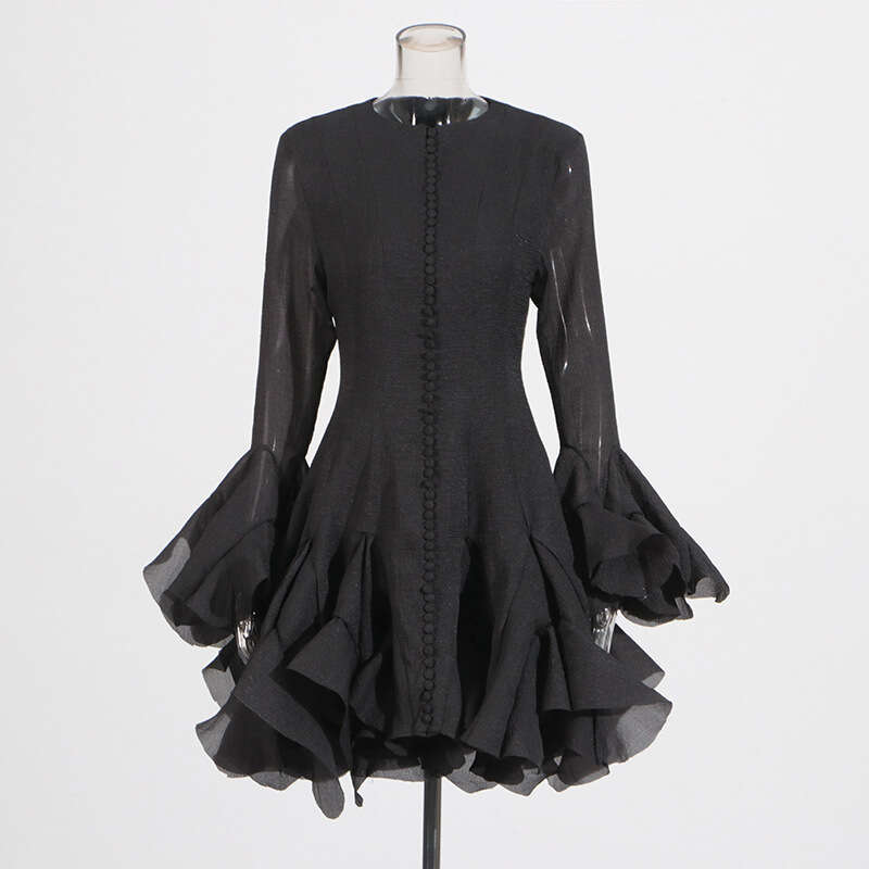 Backless Sexy Dress French Elegant Style Round Neck Patchwork Ruffle New Bell Sleeve Mid Length Dress For Women Sexy Flowy Dresses