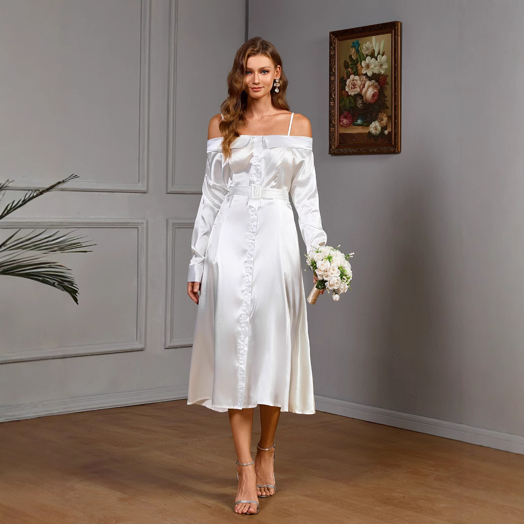 New French white dress with slimming temperament long sleeved and waisted dress