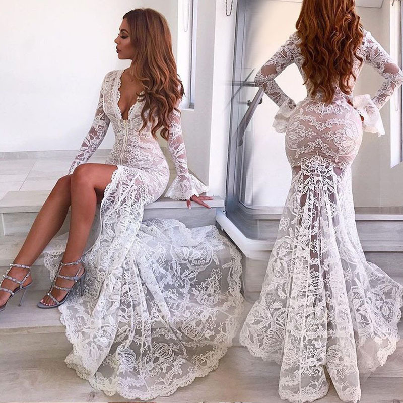 New Perspective Lace Dress Style Sexy Deep V Split Long Sleeve Fishtail Dress