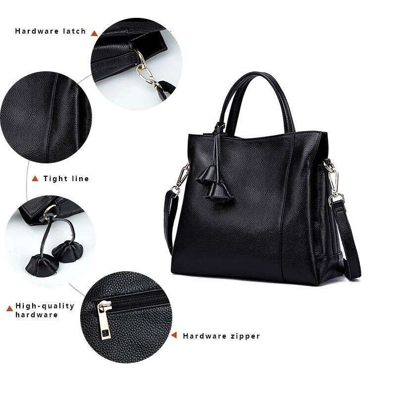 Cowhide women s handbag casual versatile black daily commuting single shoulder crossbody tote bag