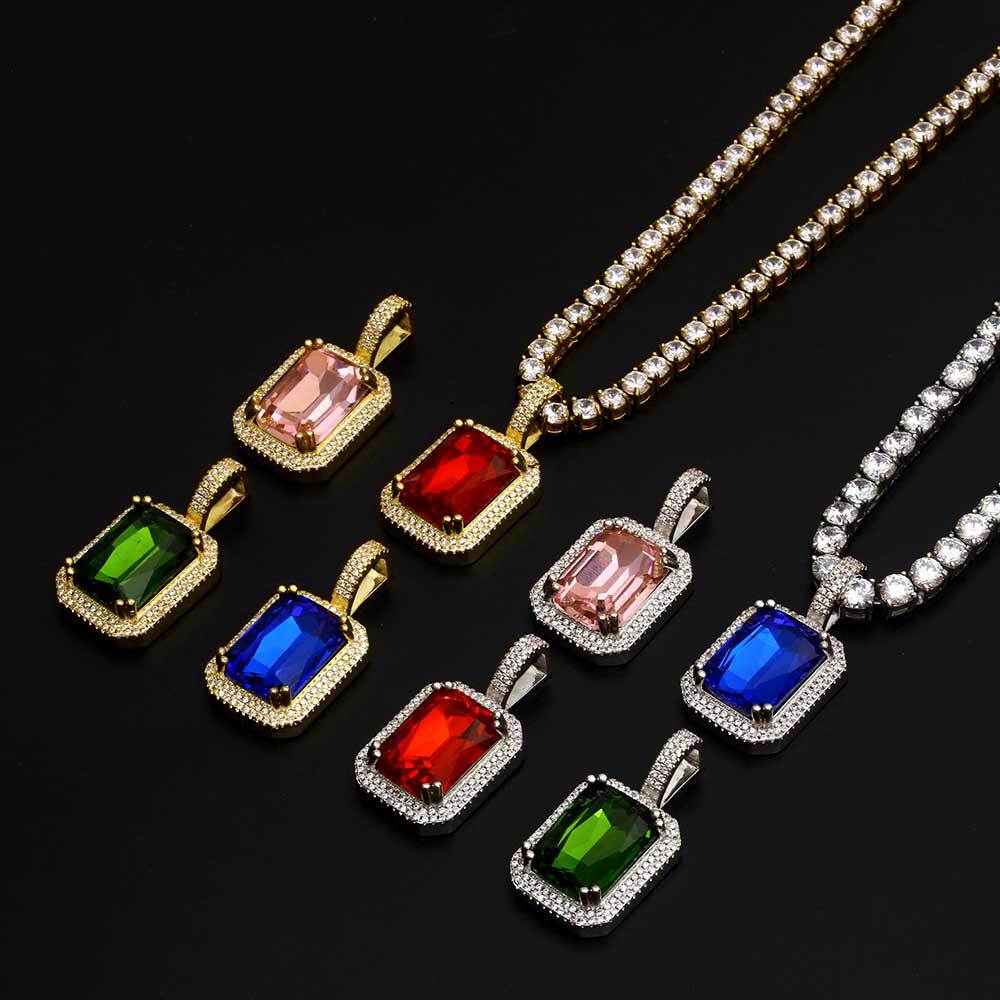 Fashion luxury explosions in Europe and America hip-hop jewelry square colored gems pendant necklace accessories trendy men's pendants delivered 